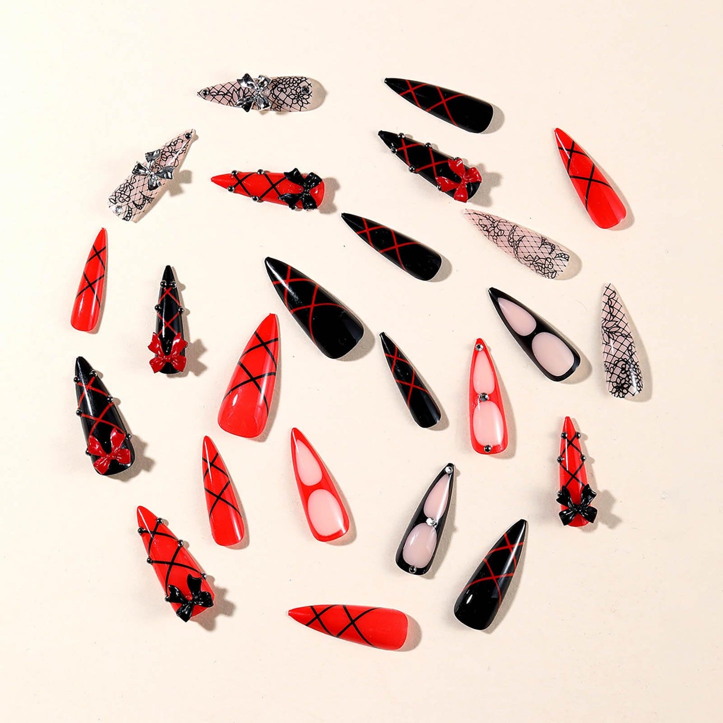24Pcs Red French Tip Fake Nails Long Square Press on Nails pink Full Cover Glue on Nails with 3D Flower