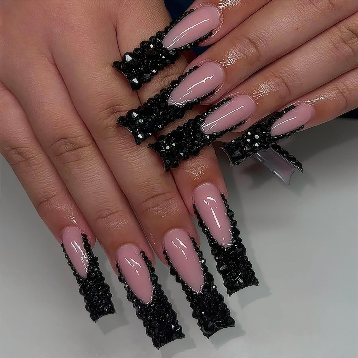 24Pcs Red French Tip Fake Nails Long Square Press on Nails pink Full Cover Glue on Nails with 3D Flower