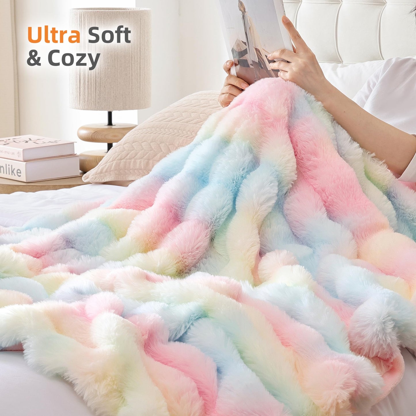 Smoofy Faux Fur Throw Blanket for Couch – Blush Pink Fluffy Cozy