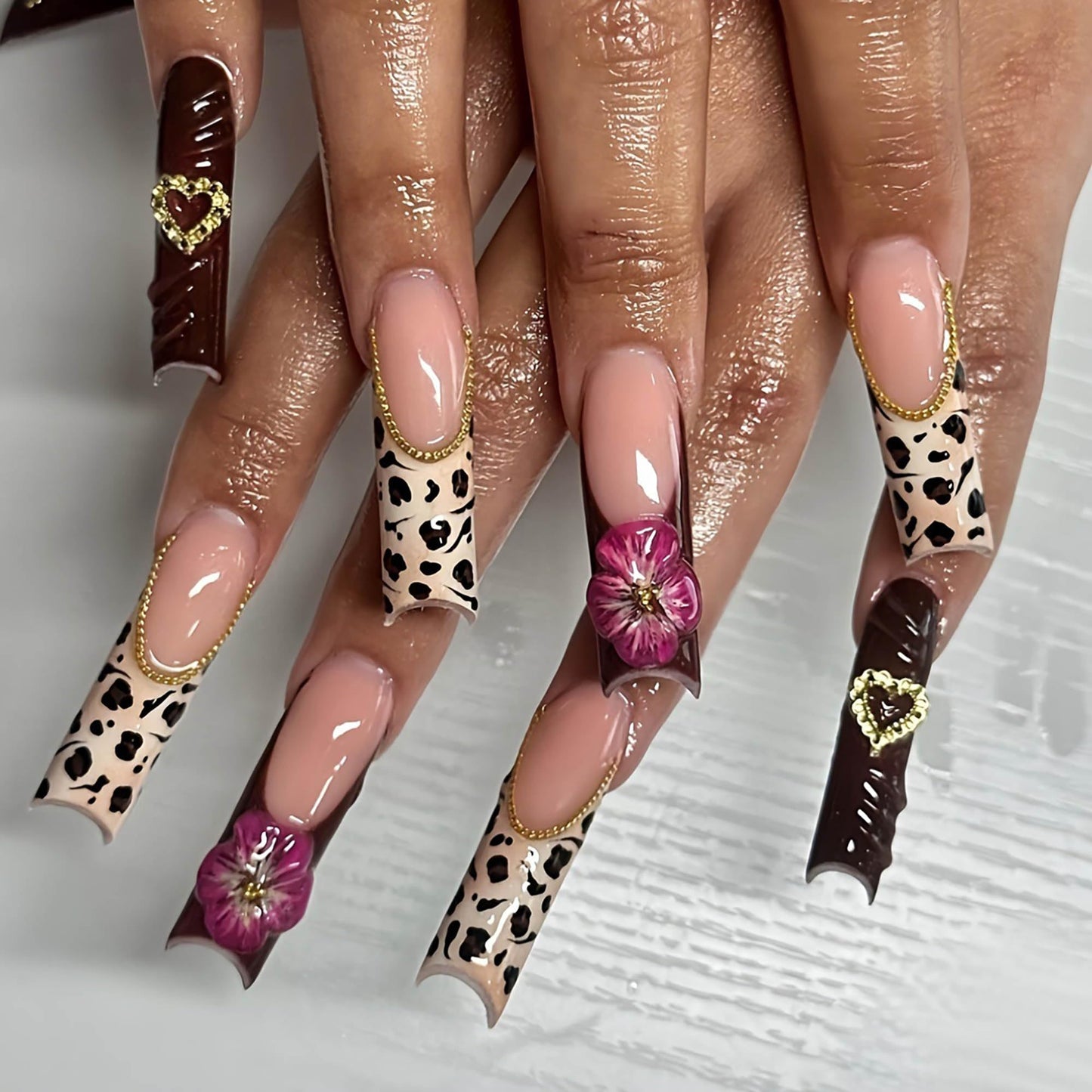 24Pcs Red French Tip Fake Nails Long Square Press on Nails pink Full Cover Glue on Nails with 3D Flower
