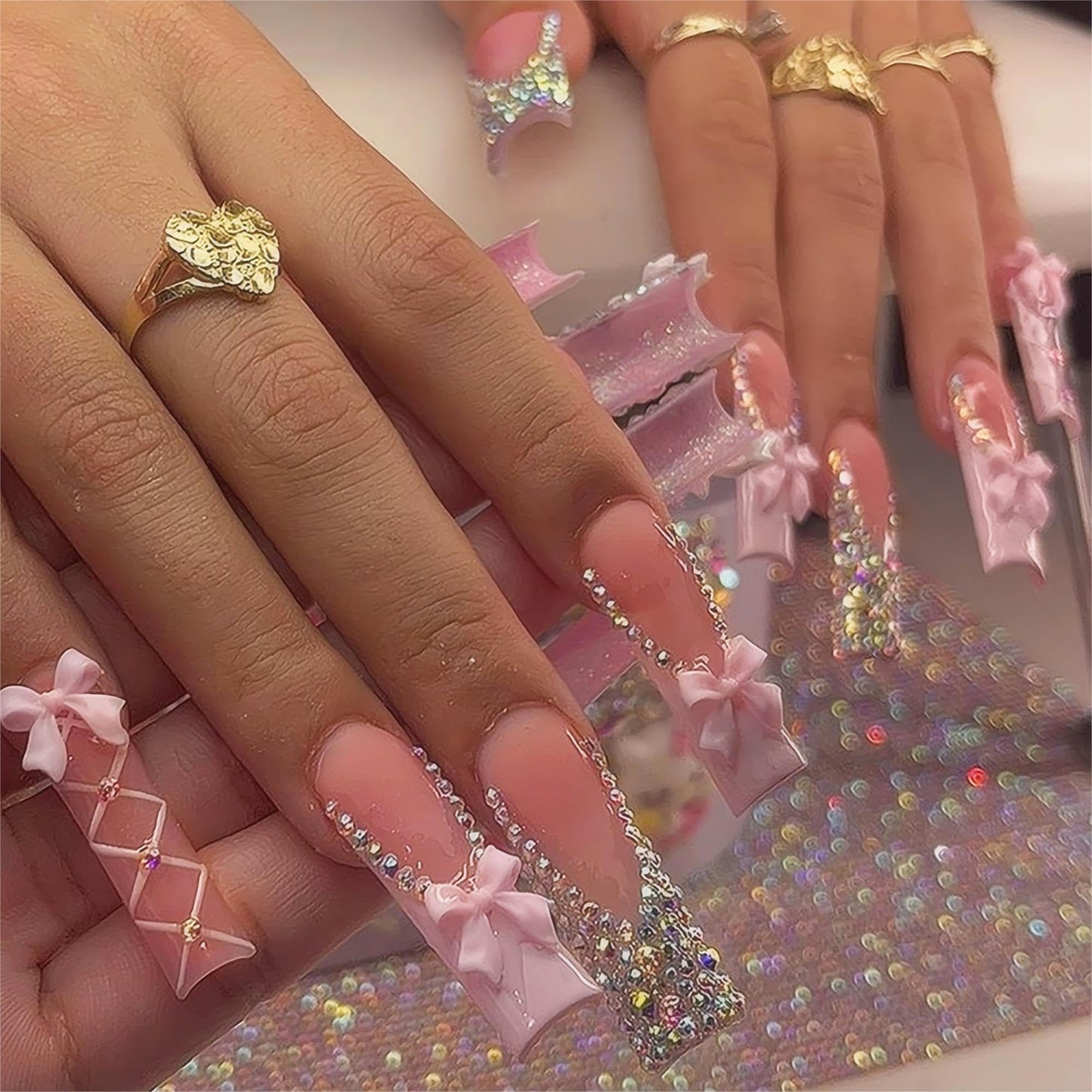 24Pcs Red French Tip Fake Nails Long Square Press on Nails pink Full Cover Glue on Nails with 3D Flower