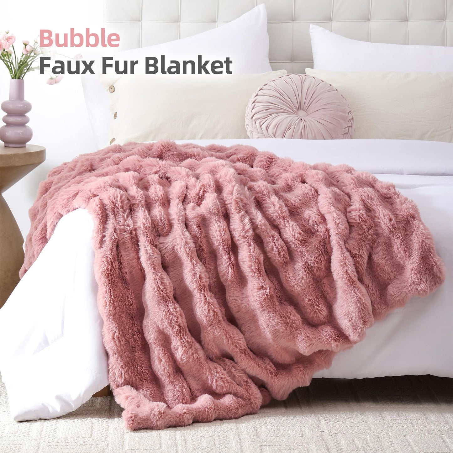 Smoofy Faux Fur Throw Blanket for Couch – Blush Pink Fluffy Cozy