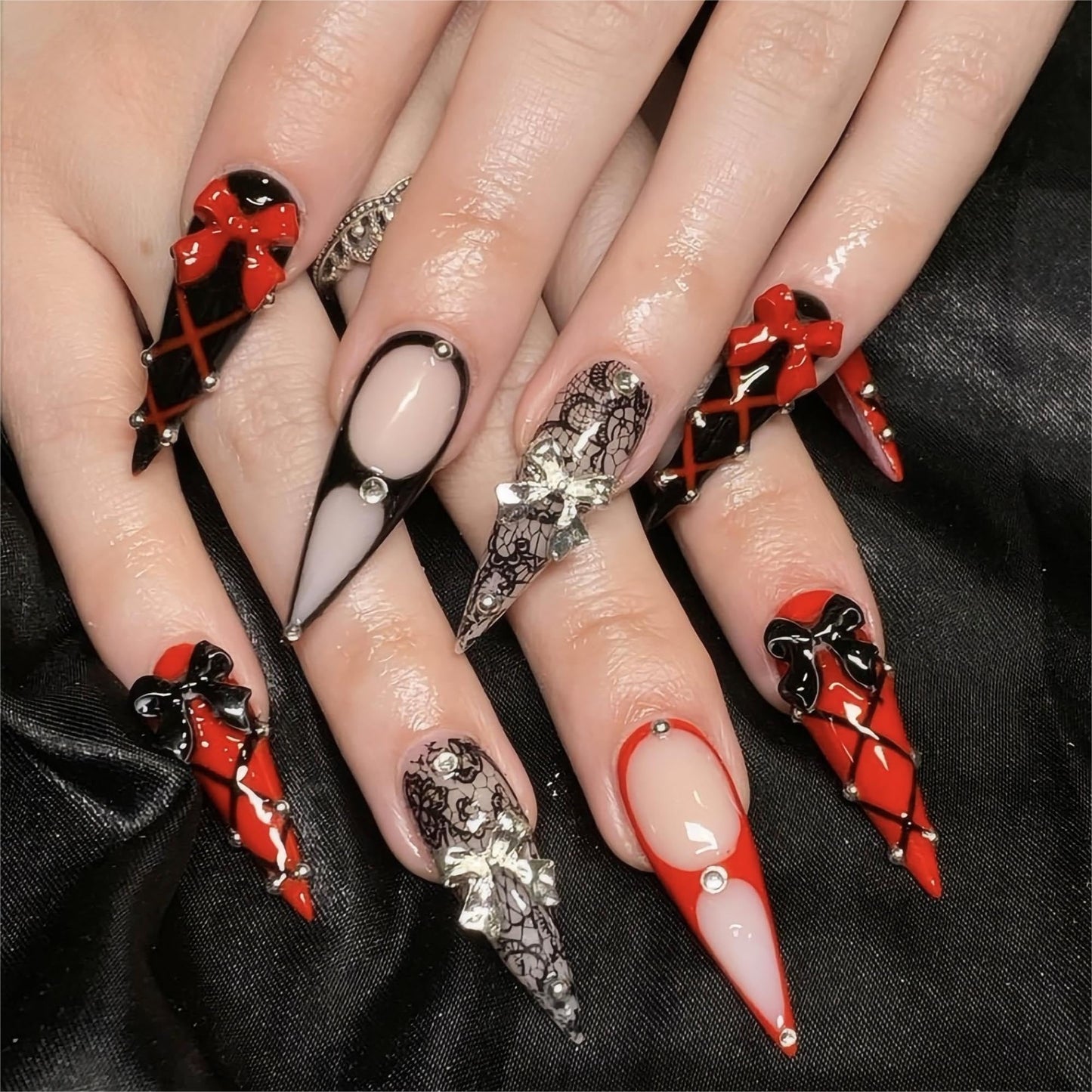 24Pcs Red French Tip Fake Nails Long Square Press on Nails pink Full Cover Glue on Nails with 3D Flower