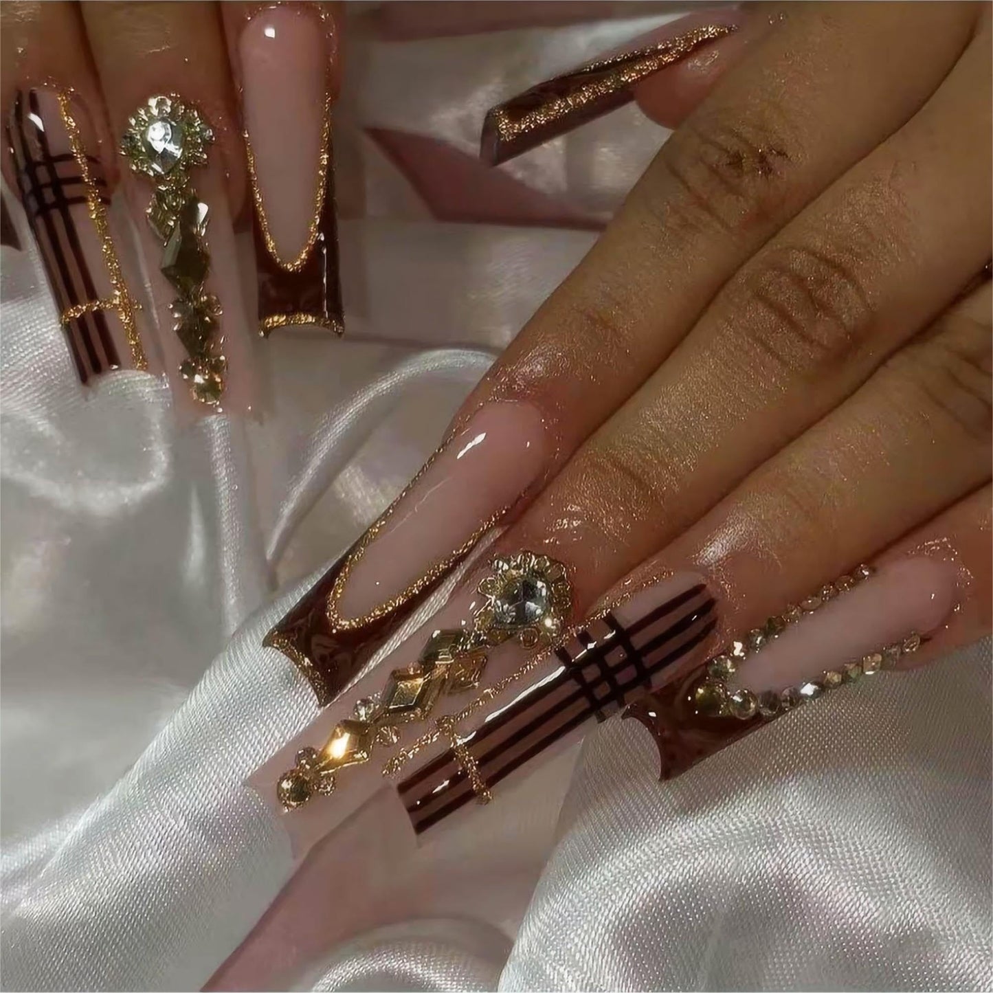 24Pcs Red French Tip Fake Nails Long Square Press on Nails pink Full Cover Glue on Nails with 3D Flower