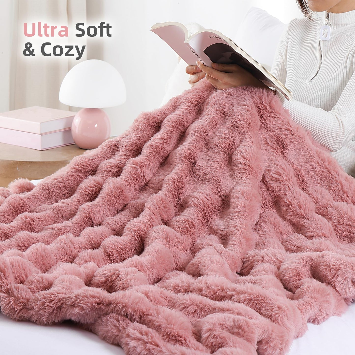 Smoofy Faux Fur Throw Blanket for Couch – Blush Pink Fluffy Cozy