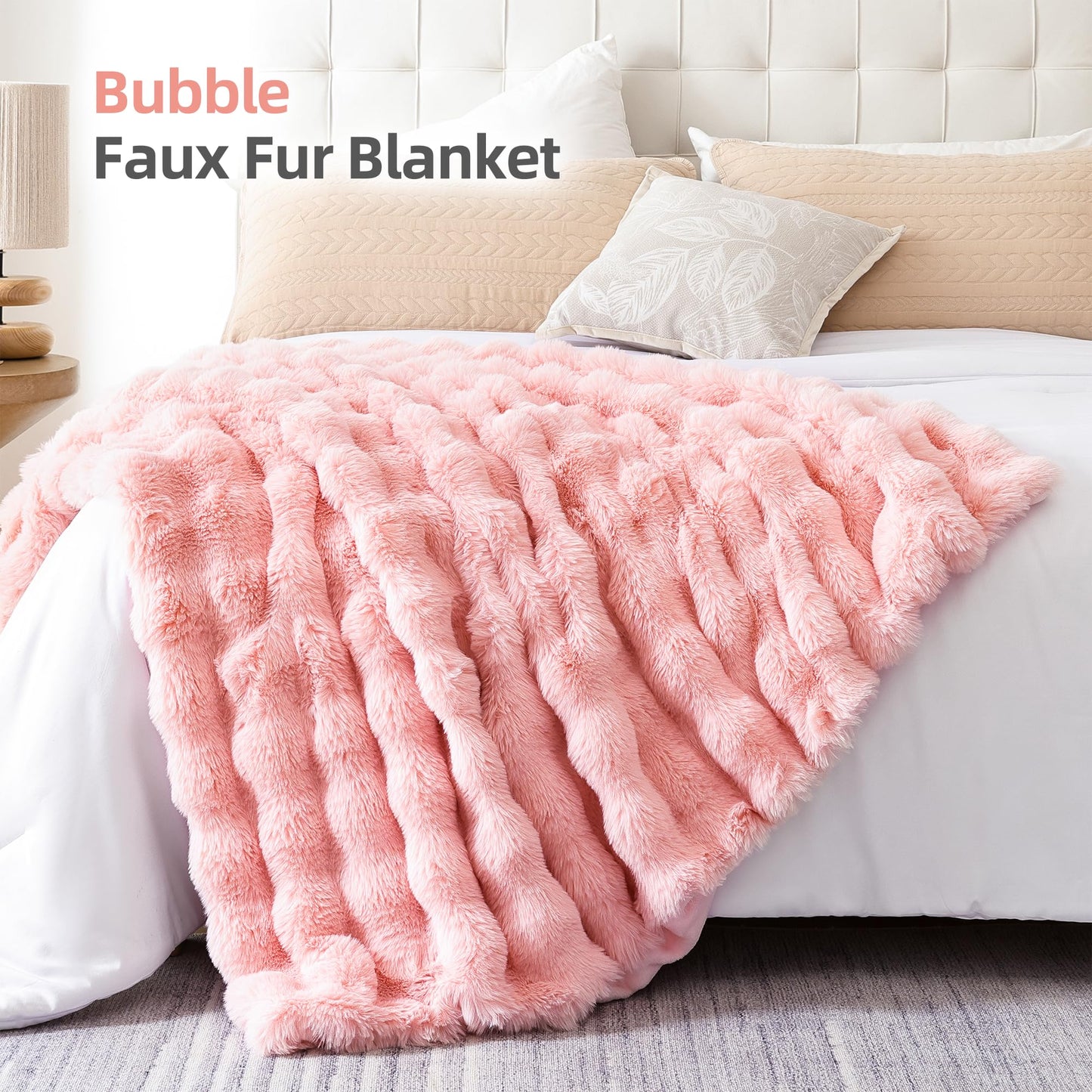 Smoofy Faux Fur Throw Blanket for Couch – Blush Pink Fluffy Cozy