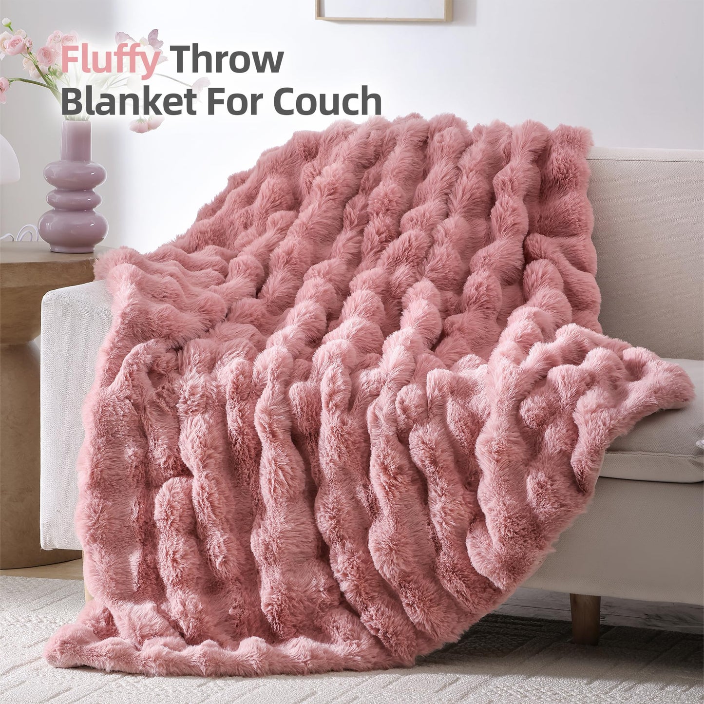 Smoofy Faux Fur Throw Blanket for Couch – Blush Pink Fluffy Cozy