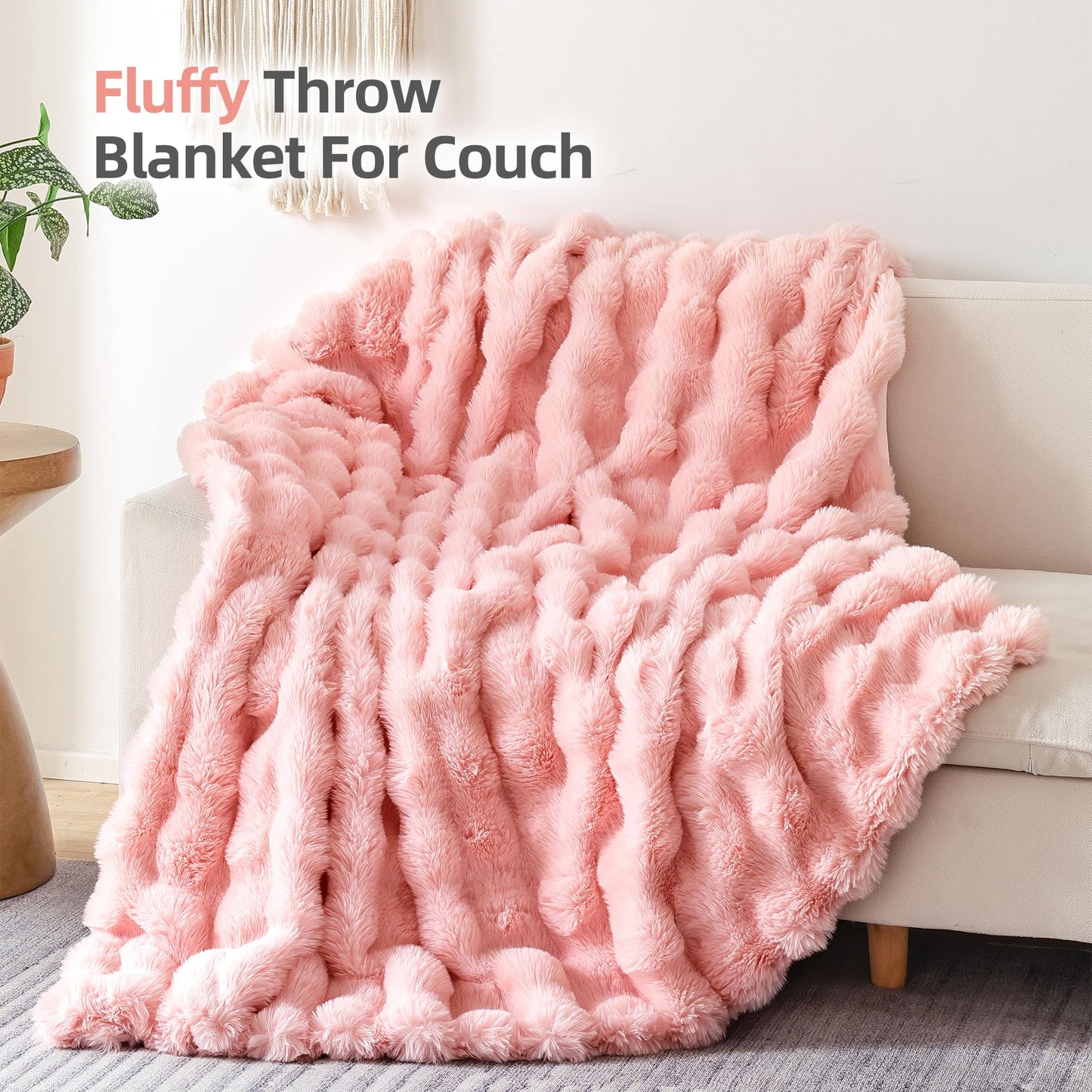 Smoofy Faux Fur Throw Blanket for Couch – Blush Pink Fluffy Cozy