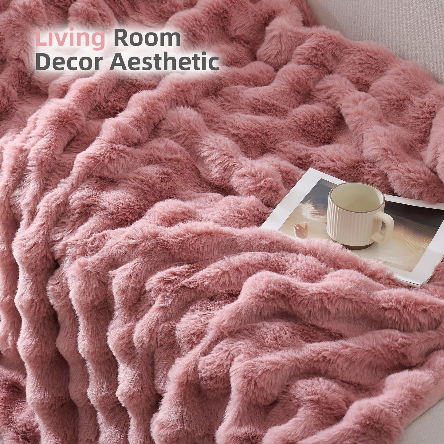 Smoofy Faux Fur Throw Blanket for Couch – Blush Pink Fluffy Cozy