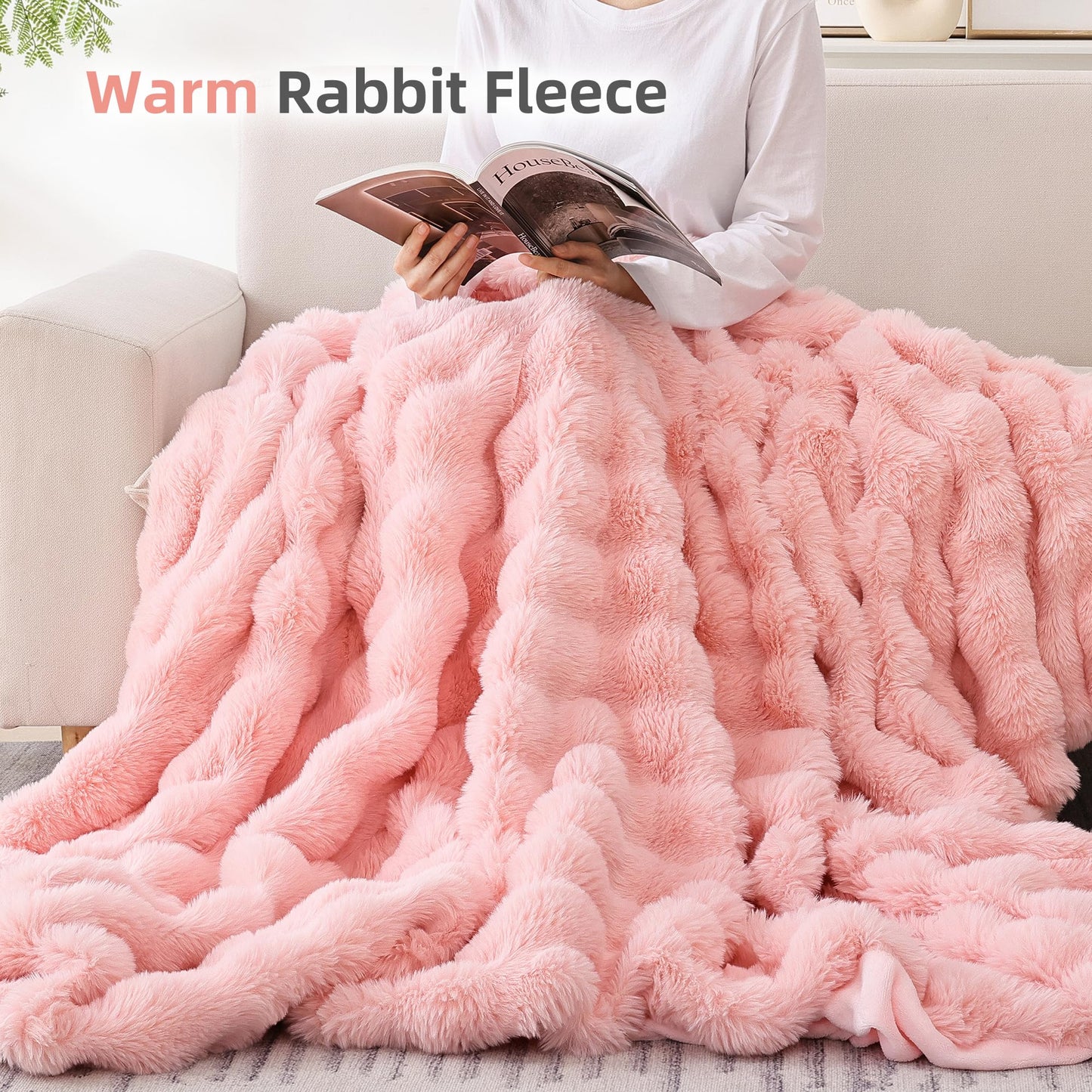 Smoofy Faux Fur Throw Blanket for Couch – Blush Pink Fluffy Cozy