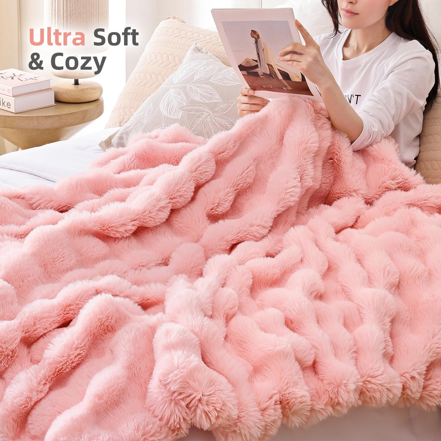 Smoofy Faux Fur Throw Blanket for Couch – Blush Pink Fluffy Cozy