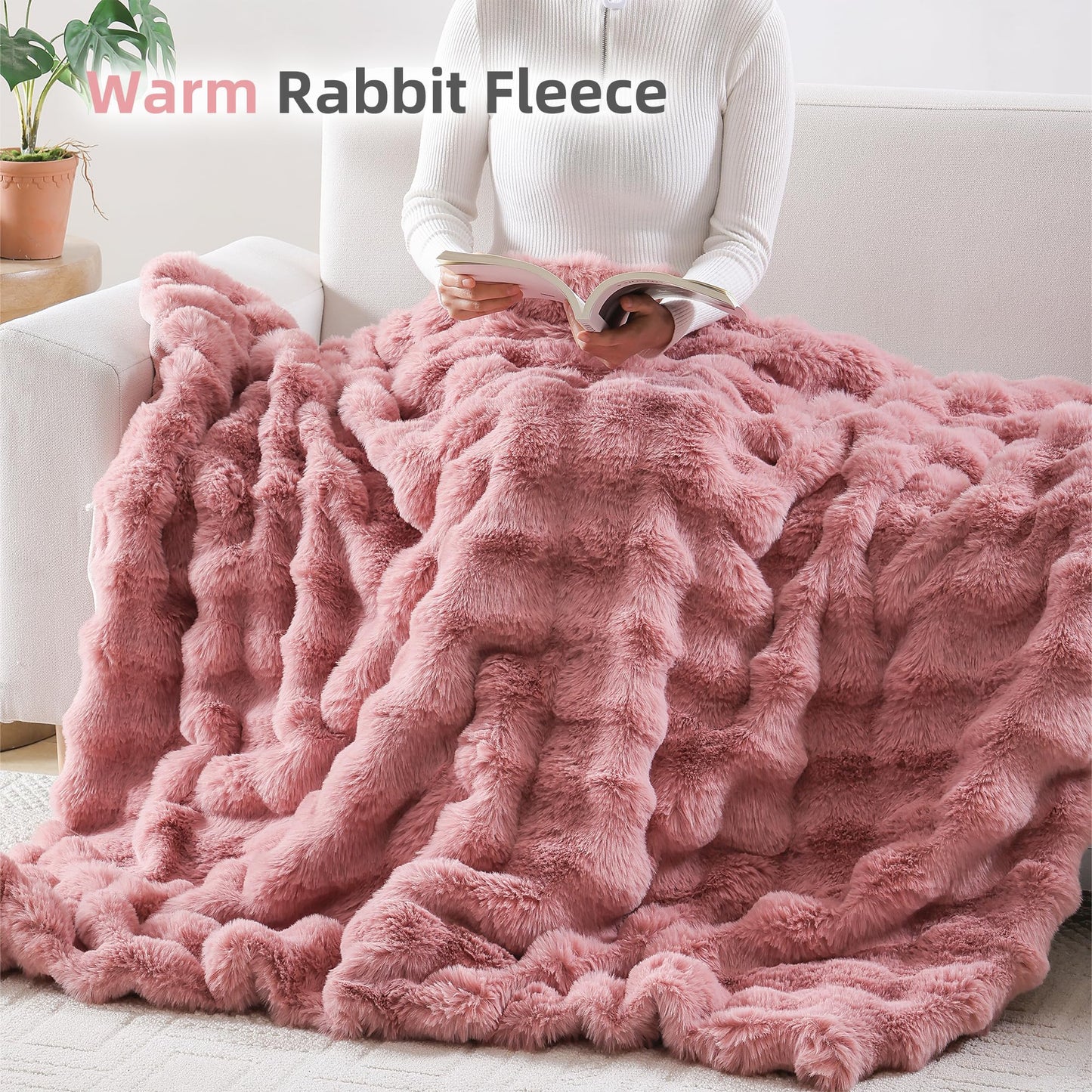 Smoofy Faux Fur Throw Blanket for Couch – Blush Pink Fluffy Cozy