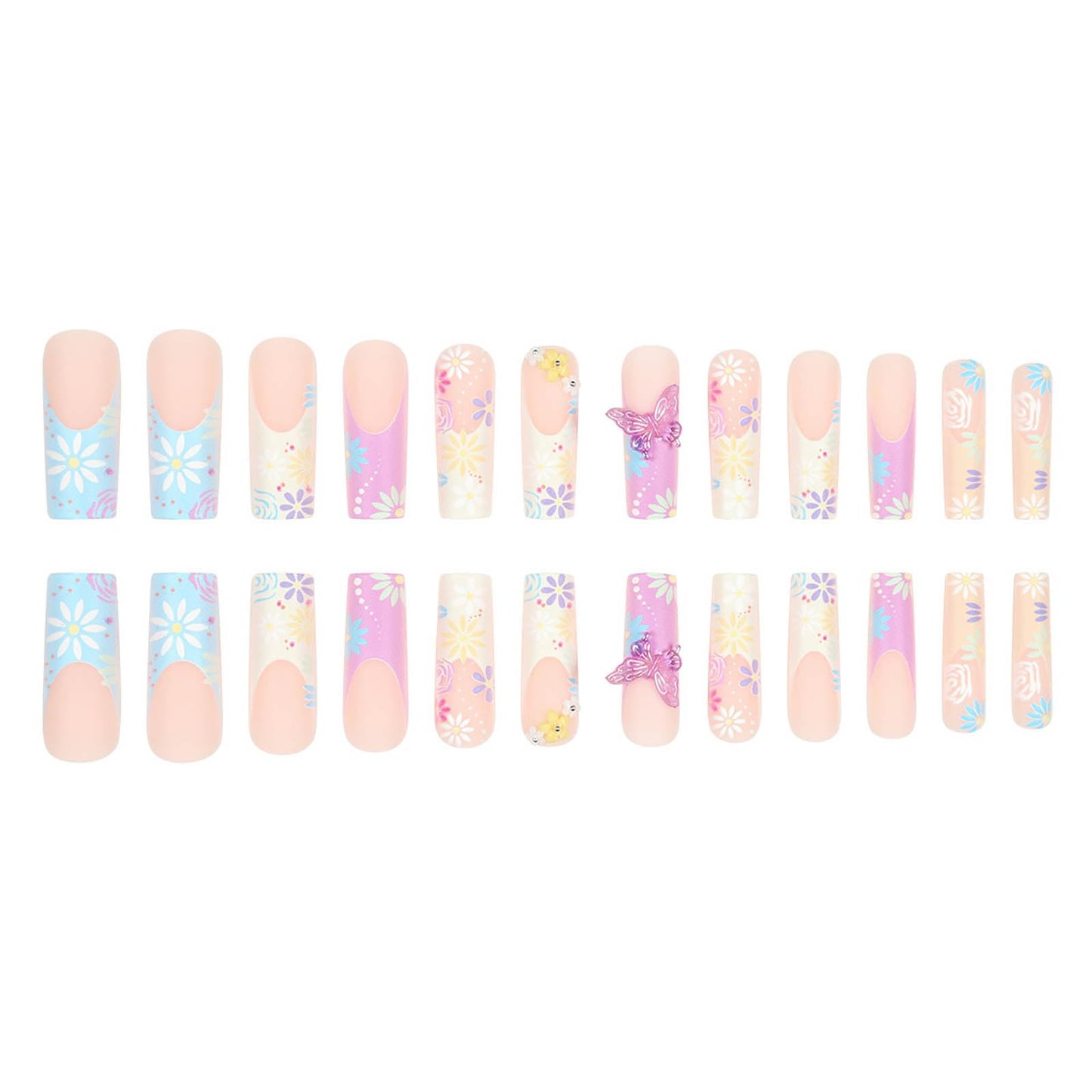 24Pcs Red French Tip Fake Nails Long Square Press on Nails pink Full Cover Glue on Nails with 3D Flower