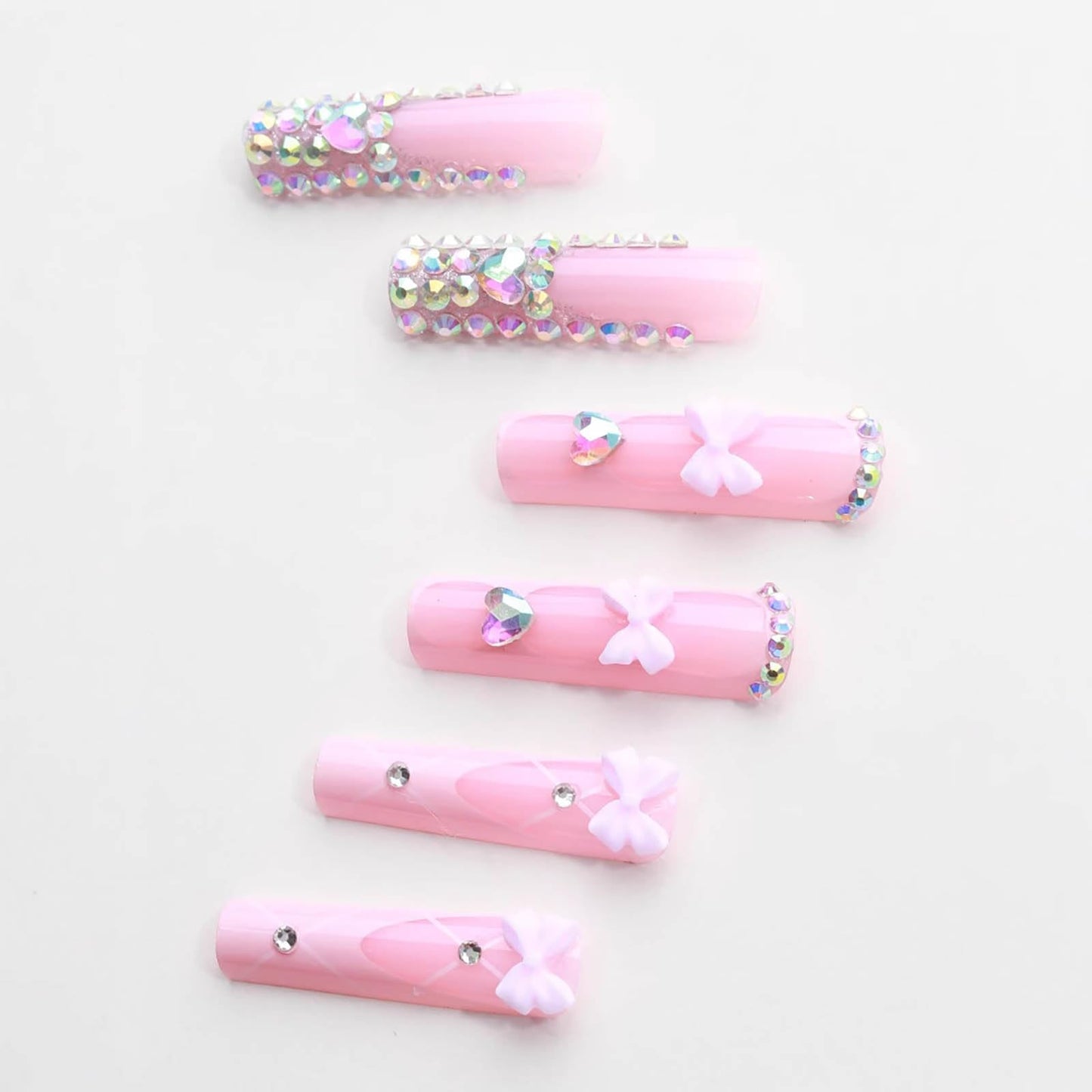 24Pcs Red French Tip Fake Nails Long Square Press on Nails pink Full Cover Glue on Nails with 3D Flower