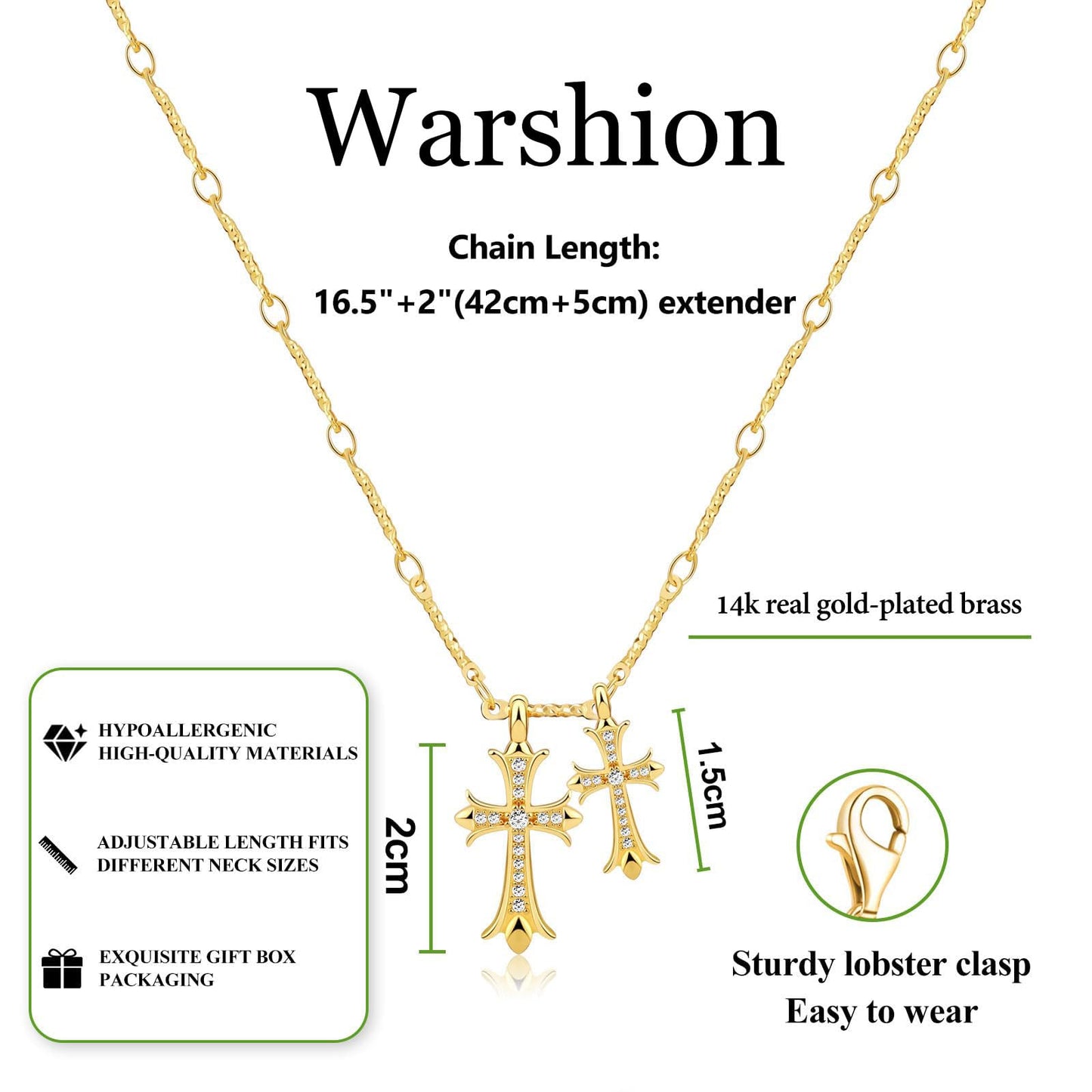 Cross Necklace 14K Gold/Silver Plated Double Cross Pendant Necklace