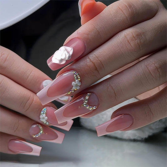 24Pcs Red French Tip Fake Nails Long Square Press on Nails pink Full Cover Glue on Nails with 3D Flower
