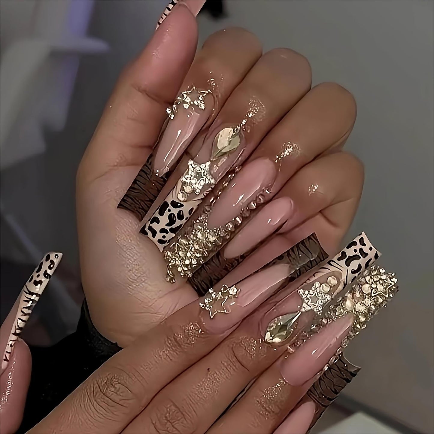 24Pcs Red French Tip Fake Nails Long Square Press on Nails pink Full Cover Glue on Nails with 3D Flower