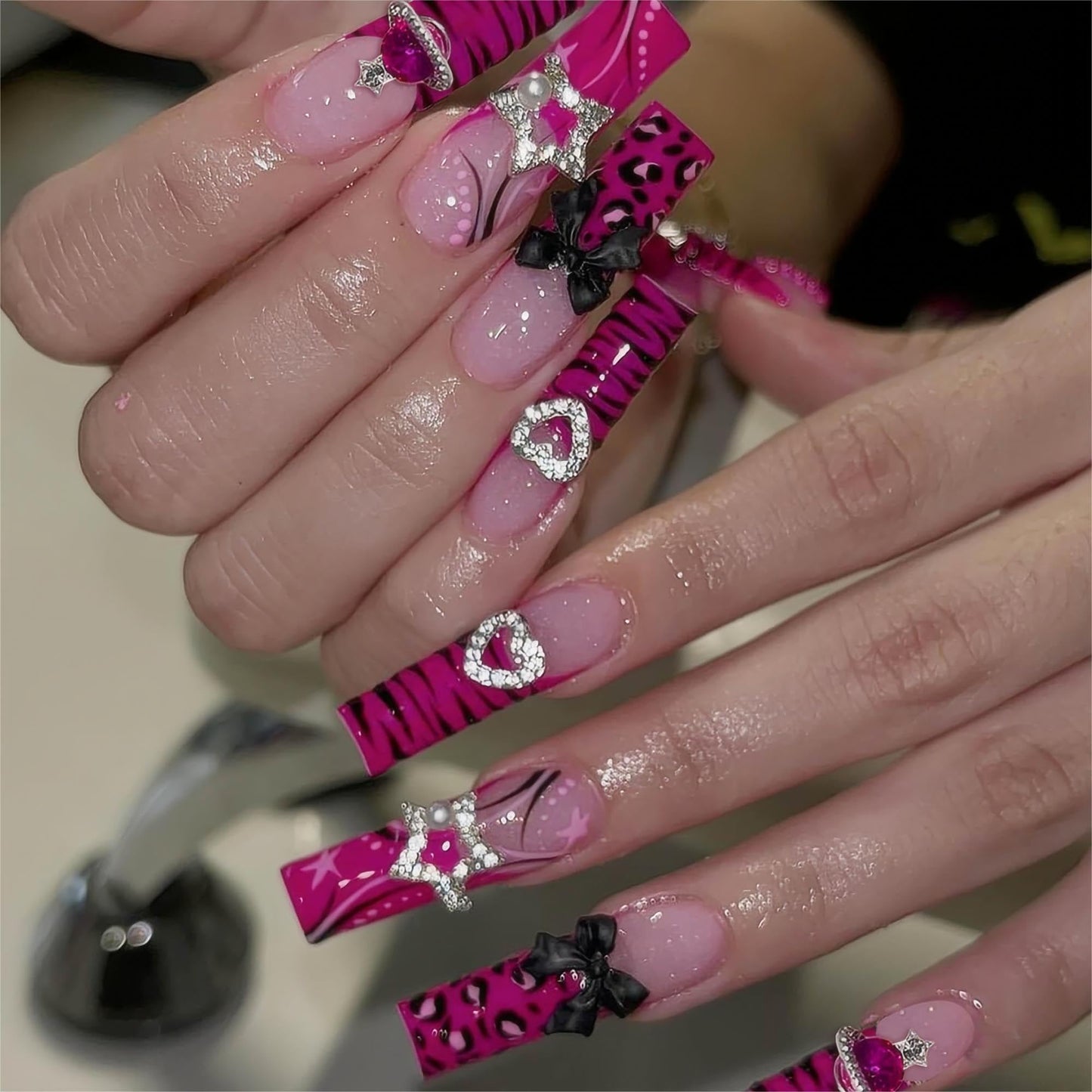 24Pcs Red French Tip Fake Nails Long Square Press on Nails pink Full Cover Glue on Nails with 3D Flower