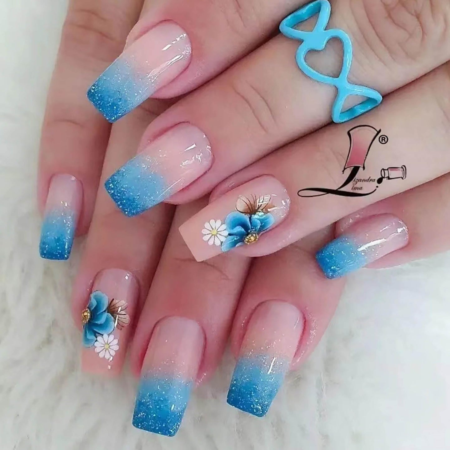 24Pcs Red French Tip Fake Nails Long Square Press on Nails pink Full Cover Glue on Nails with 3D Flower