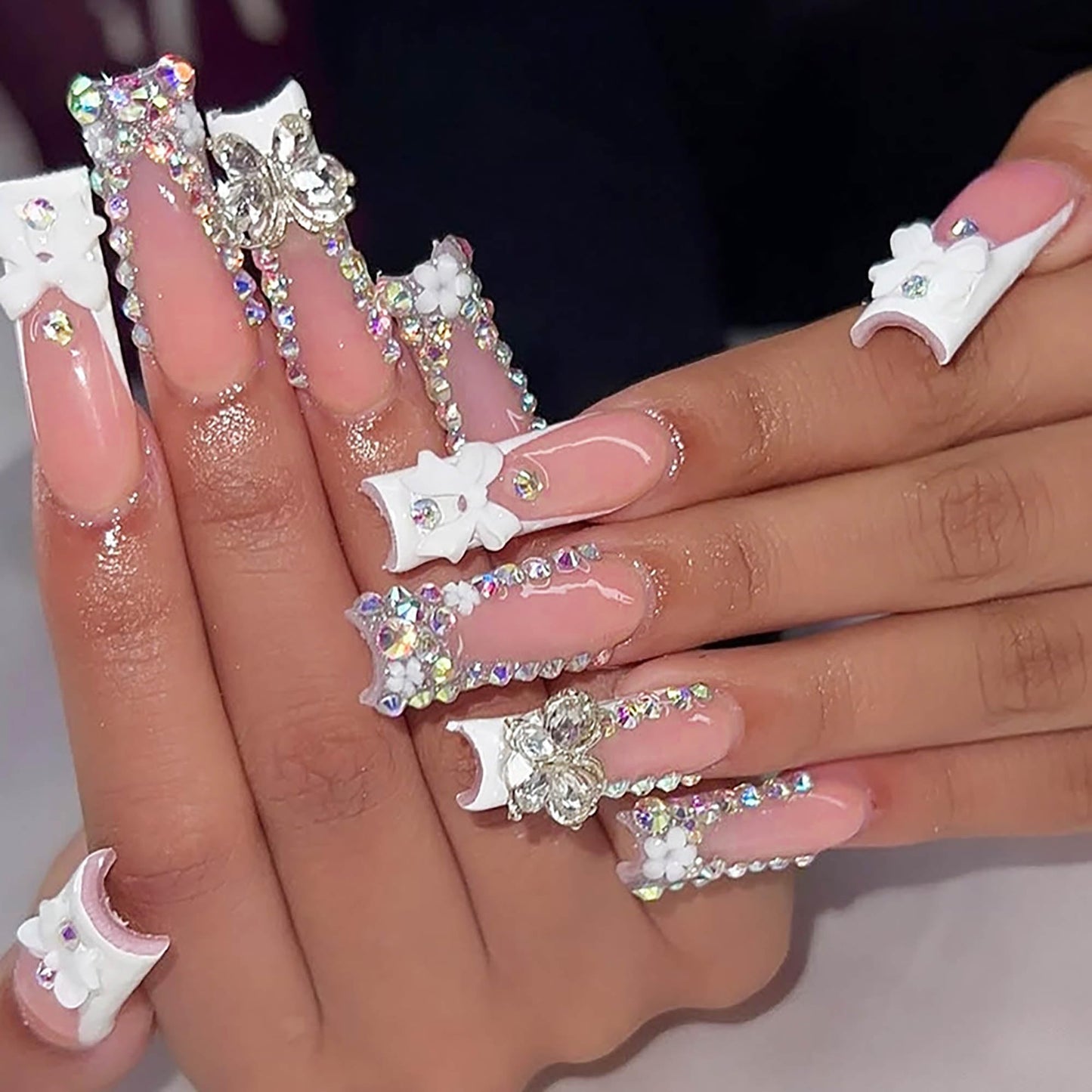 24Pcs Red French Tip Fake Nails Long Square Press on Nails pink Full Cover Glue on Nails with 3D Flower