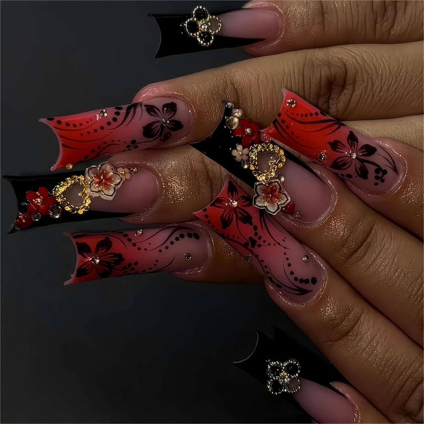 24Pcs Red French Tip Fake Nails Long Square Press on Nails pink Full Cover Glue on Nails with 3D Flower