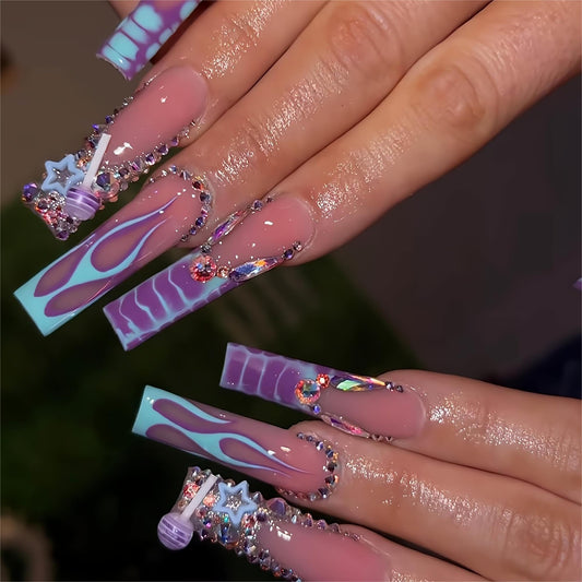 24Pcs Red French Tip Fake Nails Long Square Press on Nails pink Full Cover Glue on Nails with 3D Flower