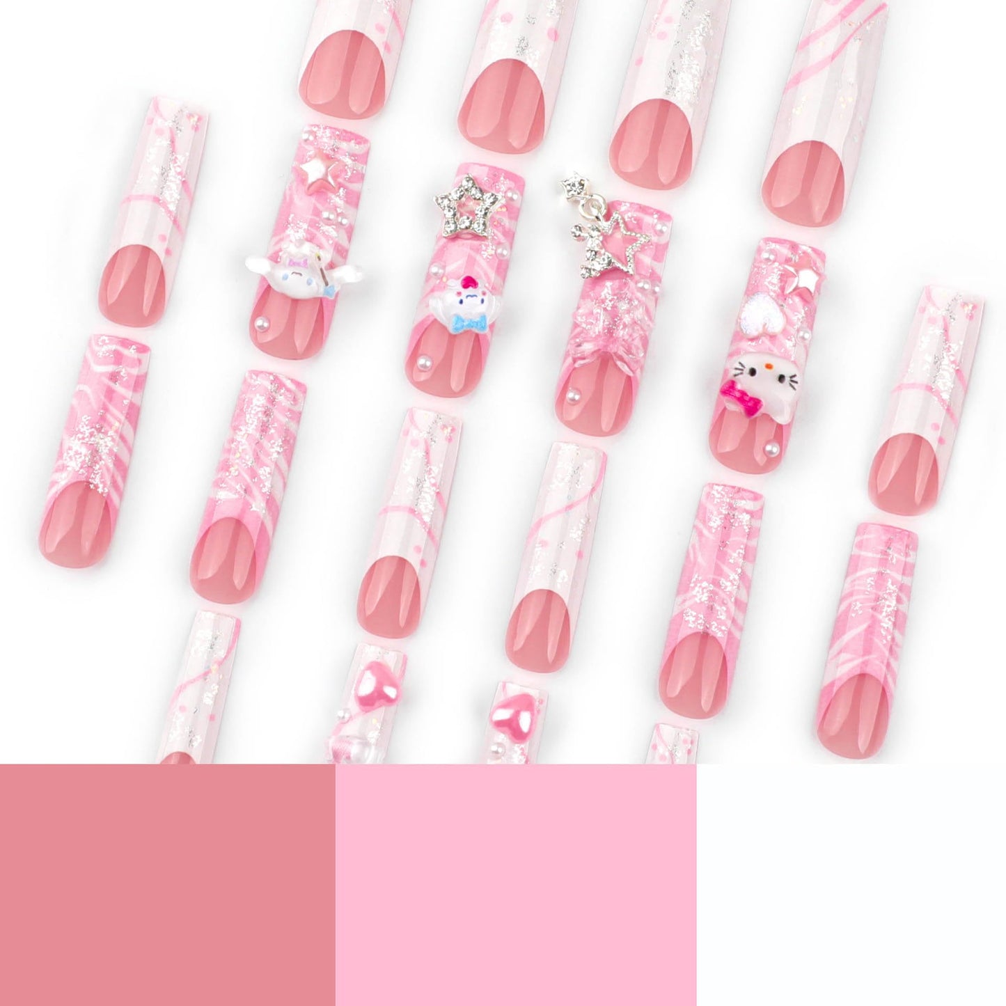 24Pcs Red French Tip Fake Nails Long Square Press on Nails pink Full Cover Glue on Nails with 3D Flower