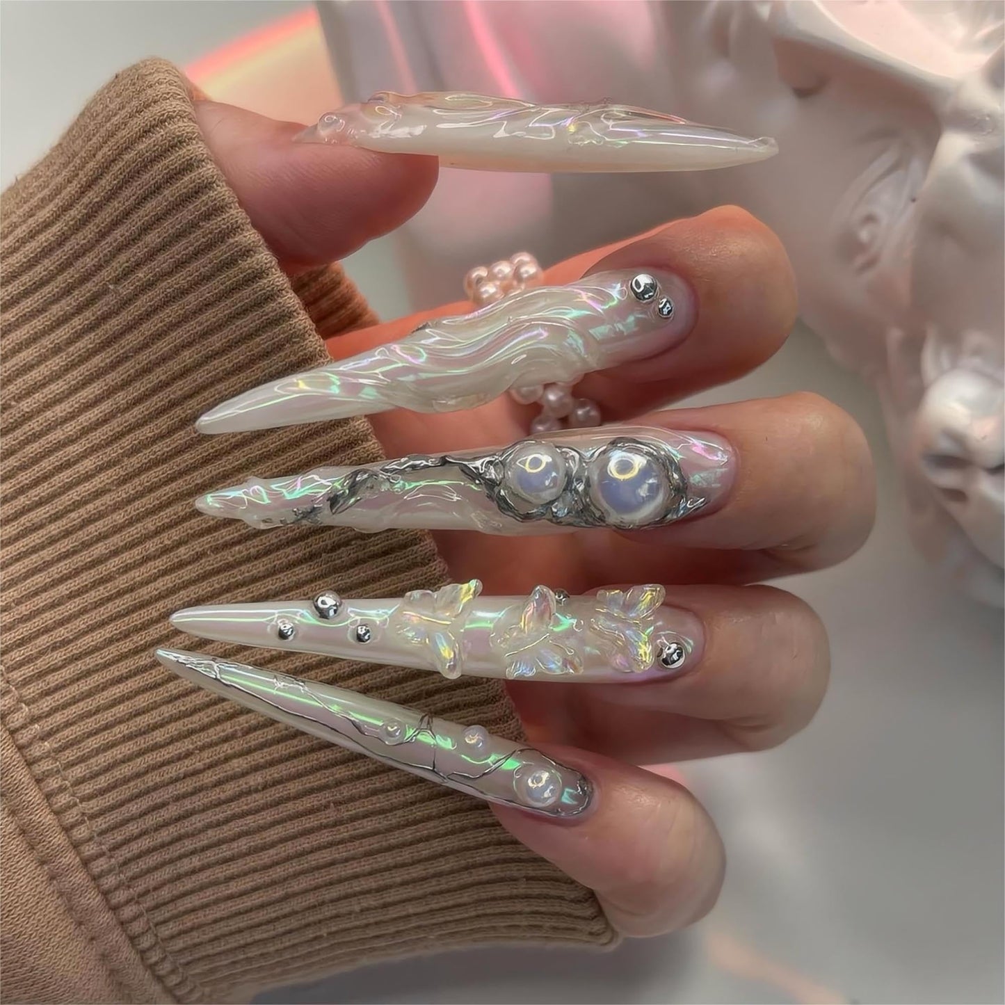 24Pcs Red French Tip Fake Nails Long Square Press on Nails pink Full Cover Glue on Nails with 3D Flower