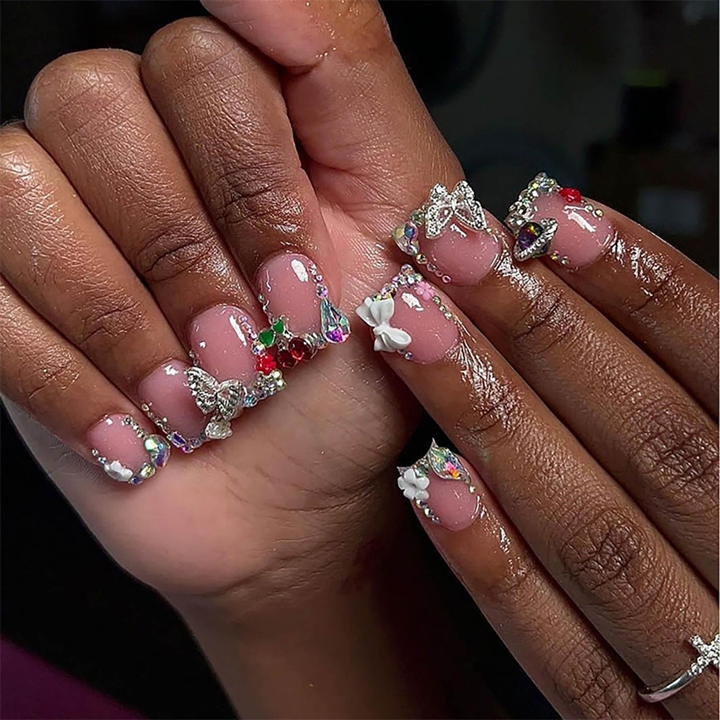 24Pcs Red French Tip Fake Nails Long Square Press on Nails pink Full Cover Glue on Nails with 3D Flower